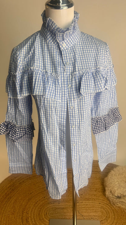 Blusa azul con cuadros y volantes/ AO69