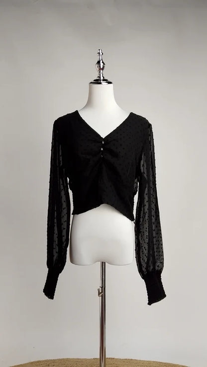 Blazer Blanco Elegante Clásico + Top Negro con arruche frontal y manga transparente + Pantalón palazzo negro elegante /OUTEV62
