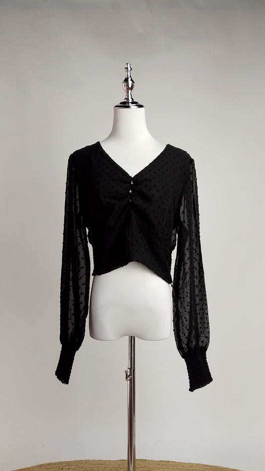 Top Negro con arruche frontal y manga transparente + Pantalón palazzo negro elegante /OUTEV68