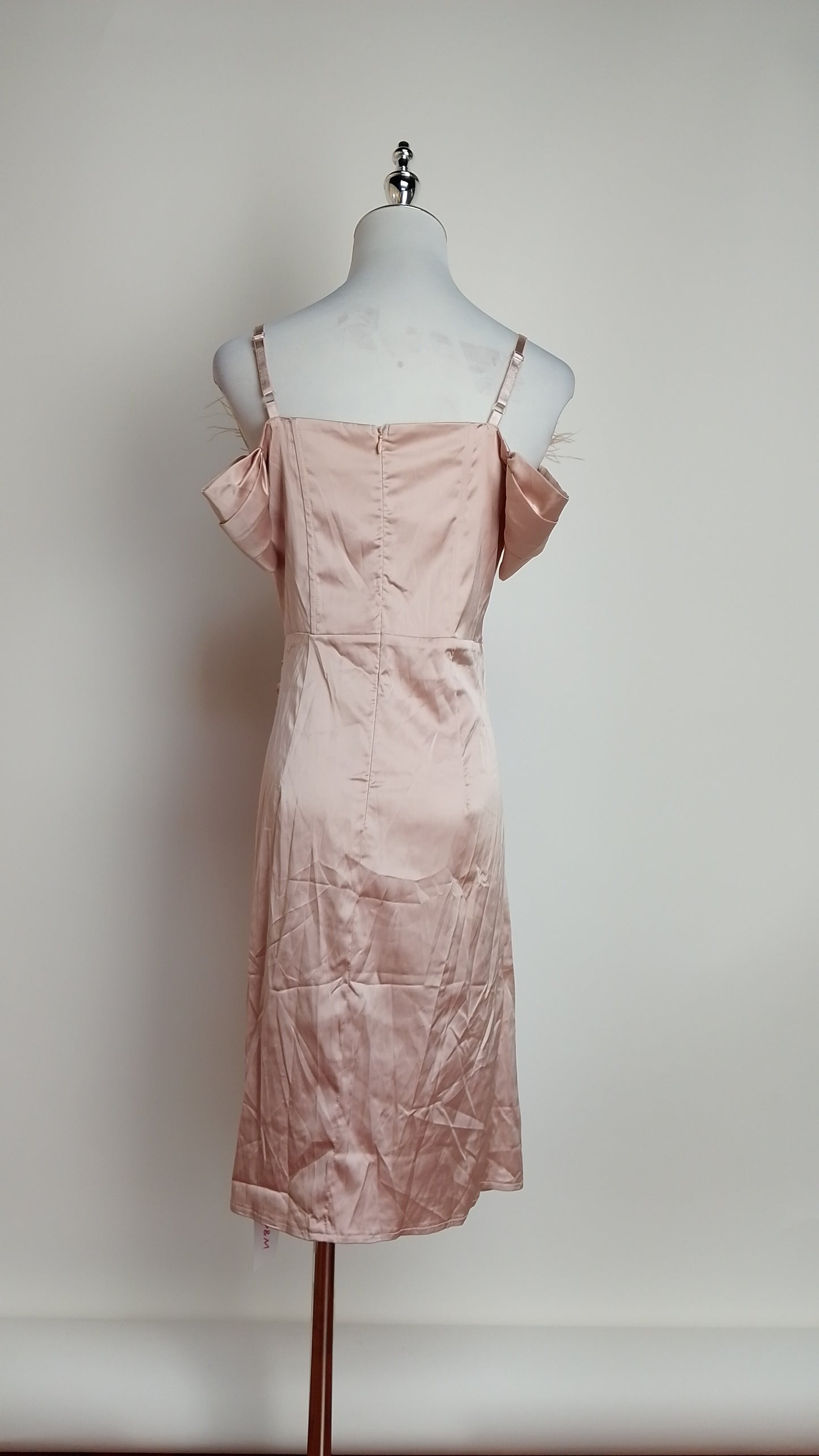 Vestido champán con plumas y escote corazón / UV6