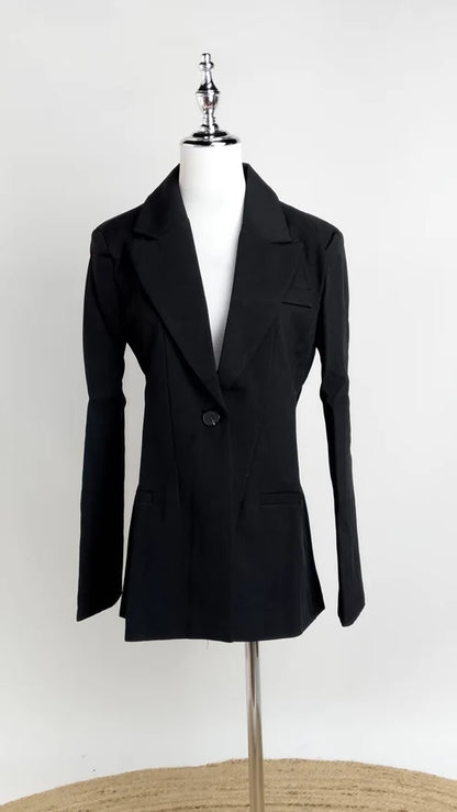 Blusa celeste con lazo + Falda azul satinada + Blazer Negro Formal Clásico /OUTEV83
