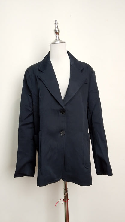 Blusa clásica + Blazer Negro Oversize Elegante + Pantalón Azul Marino Doble Tono /OUTEV55