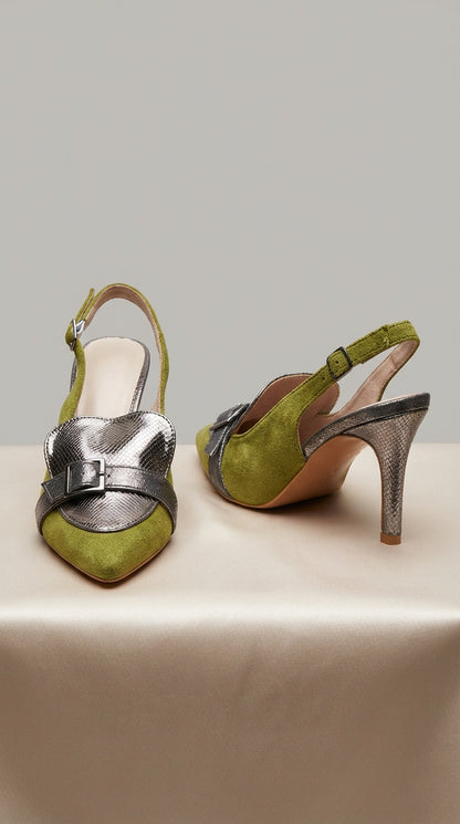Zapatos Tacón Verde Oliva y Plata / Z260116