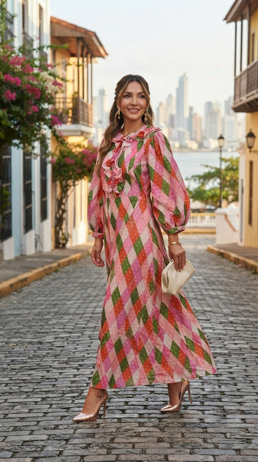 Vestido estampado con cuadros rosas y verdes AOMEI / AO91