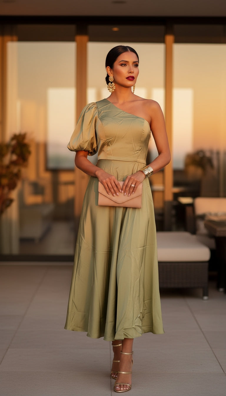 Vestido largo verde oliva satinado /SH22 image 0