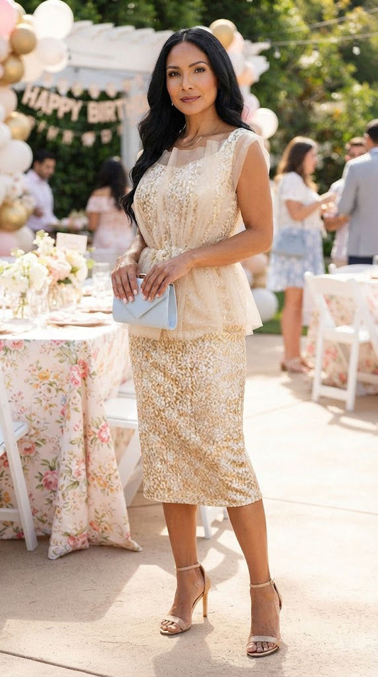 Vestido beige con encaje y tul / AO5
