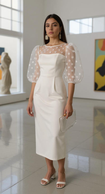 Vestido blanco con mangas abullonadas de tul AOMEI / AO68 image 3