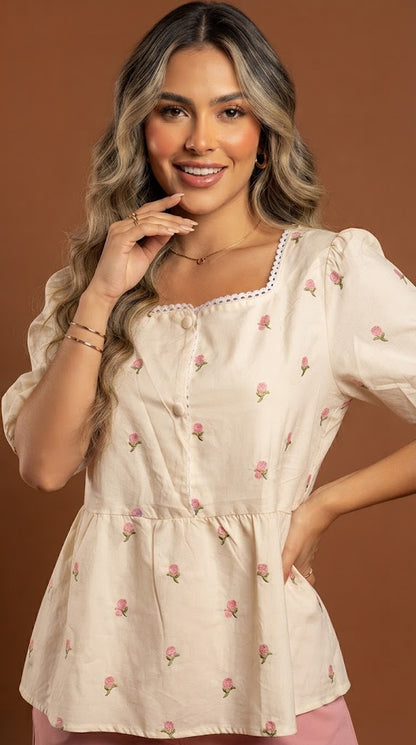 Blusa blanca peplum floral / L14A