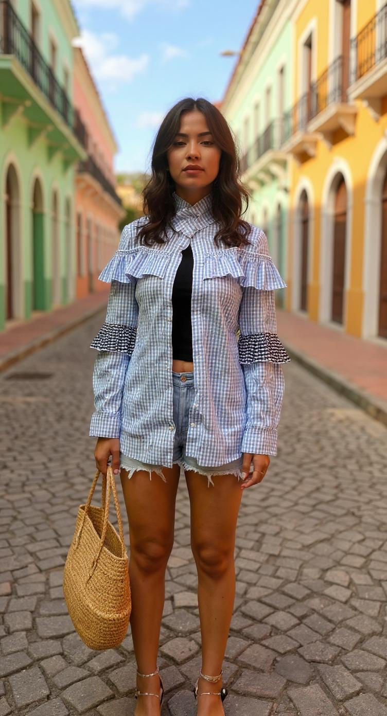 Blusa azul con cuadros y volantes/ AO69 image 4