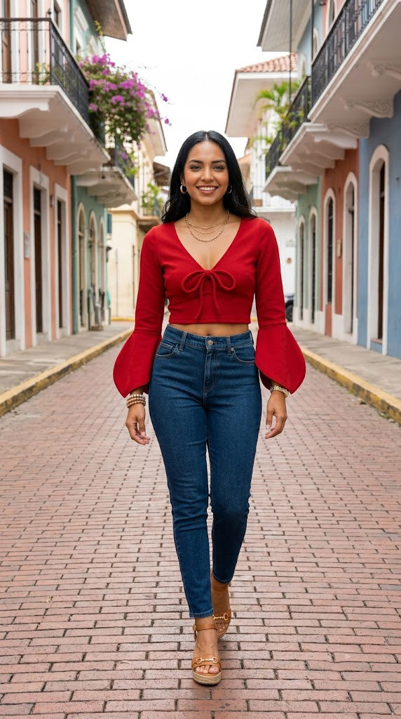 Top rojo con moño y mangas acampanadas AOMEI / AO92