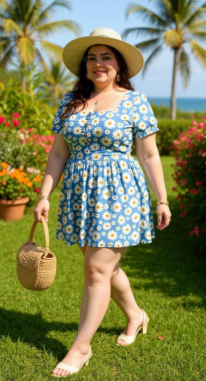 Vestido azul con margaritas y mangas globo AOMEI / AO85 image 0