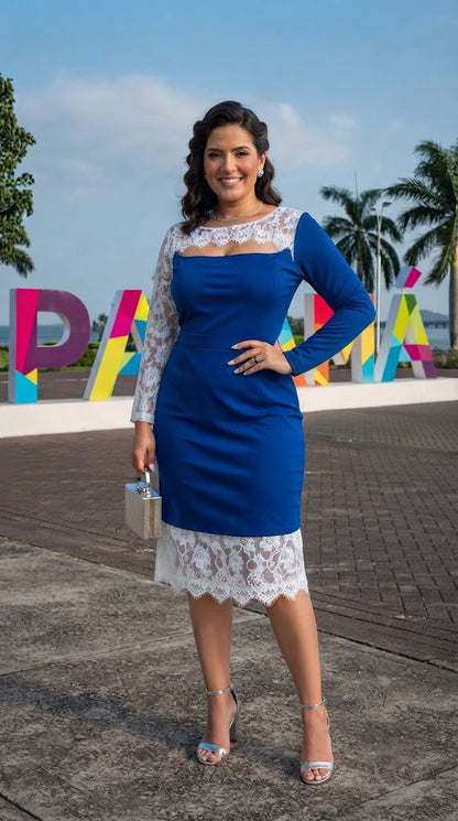 Vestido azul con encaje blanco en manga/ AO41
