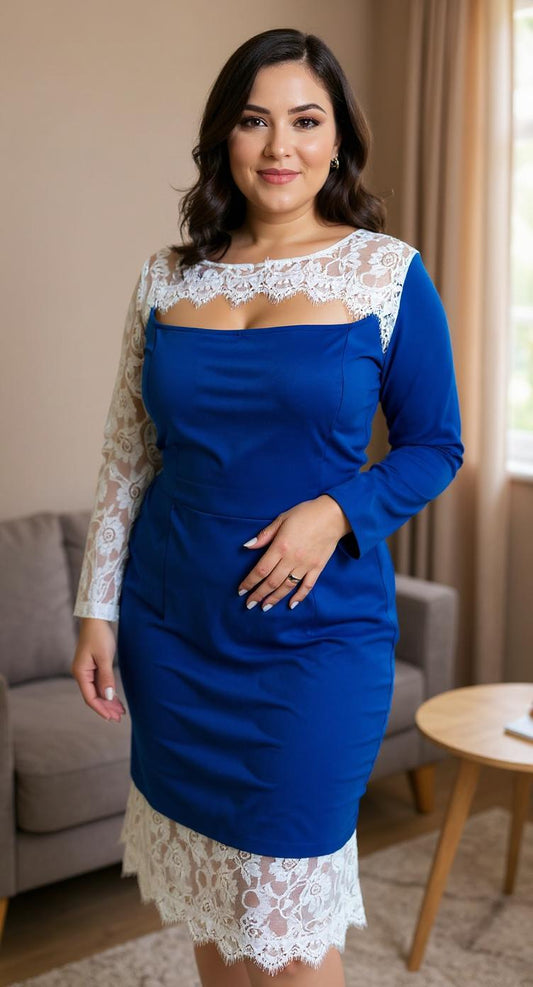 Vestido azul con encaje blanco en manga/ AO41 image 0