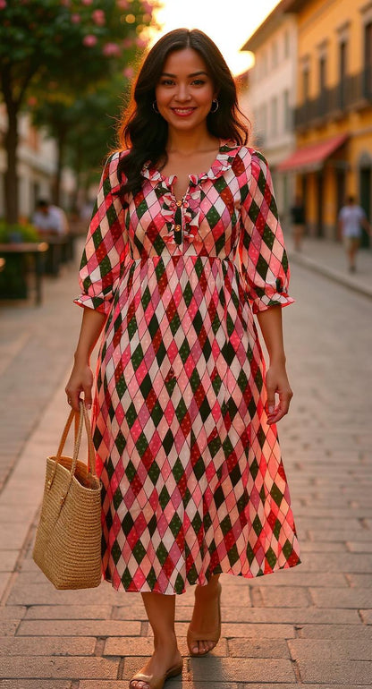 Vestido estampado con cuadros rosas y verdes AOMEI / AO91 image 0