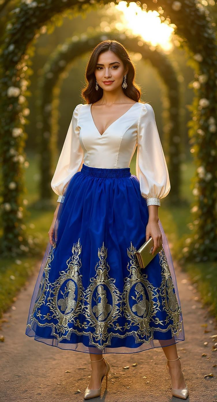 Falda azul con bordado dorado / AO50 image 3