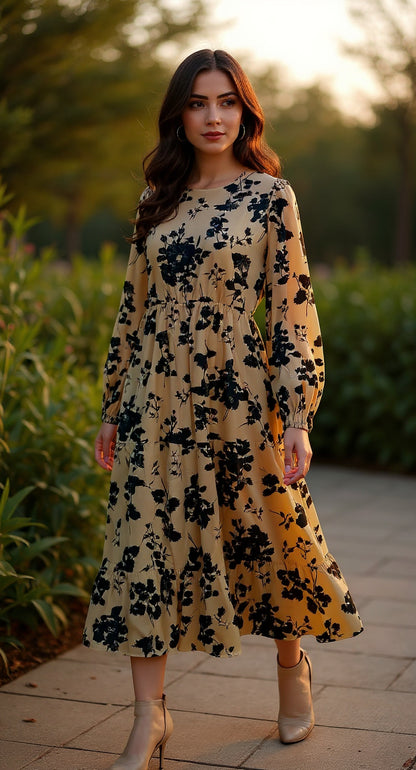 Vestido largo floral en tonos beige y negro /SH16 image 1