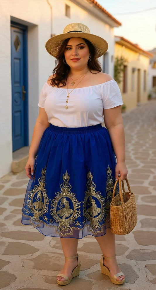 Falda azul con bordado dorado / AO50 image 0