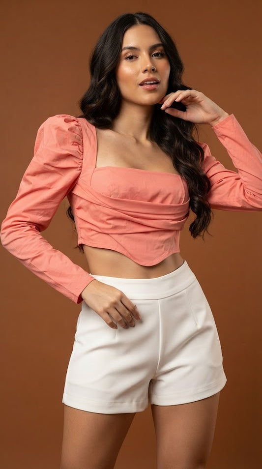 Top Coral con Mangas Abullonadas / V374