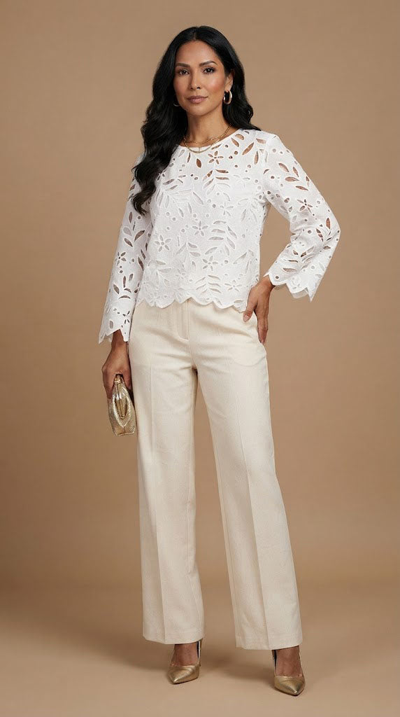 Blusa blanca bordada manga larga/ AO27