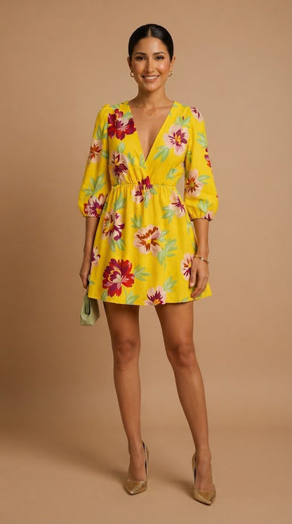 Vestido floral amarillo escote en V AOMEI / AO98