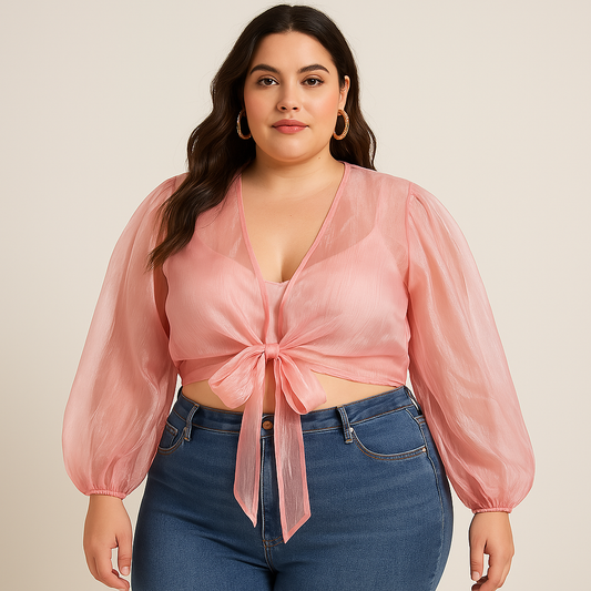 Blusa rosa con mangas de tul y nudo frontal AOMEI / AO82 image 0