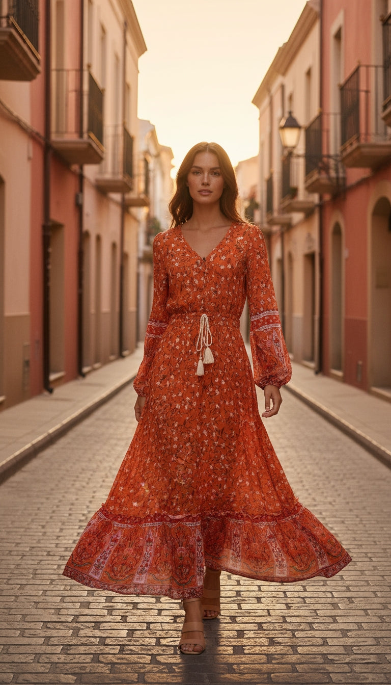 Vestido boho largo naranja estampado /ANV12 image 1