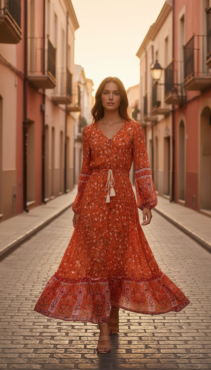 Vestido boho largo naranja estampado /ANV12 image 1