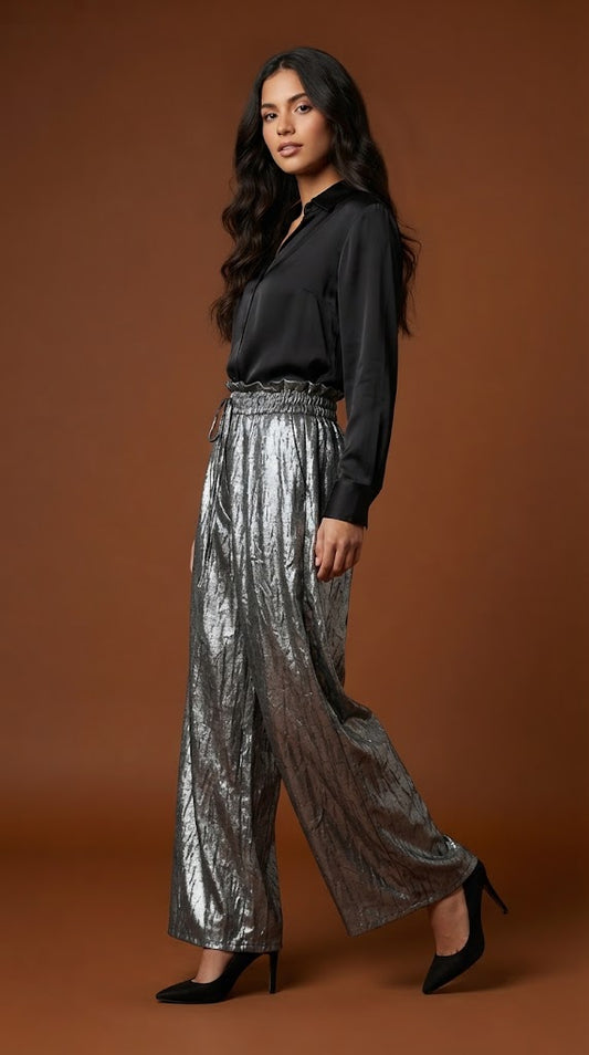 Pantalón wide-leg tela metálica / SH85