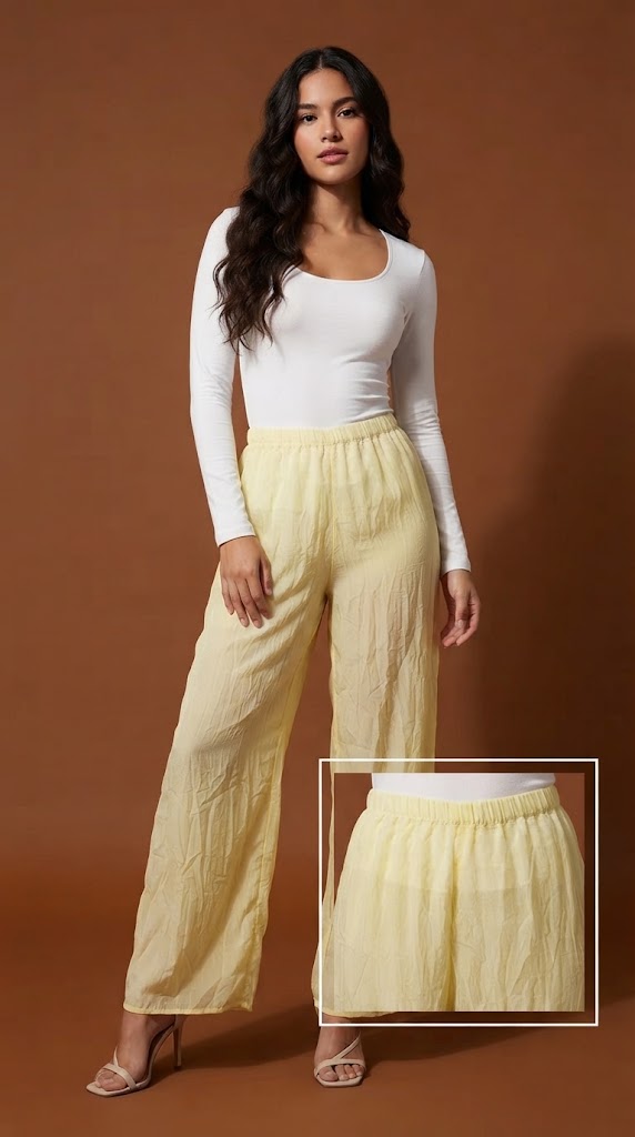 Pantalón wide-leg textura arrugada amarillo pálido / SH84