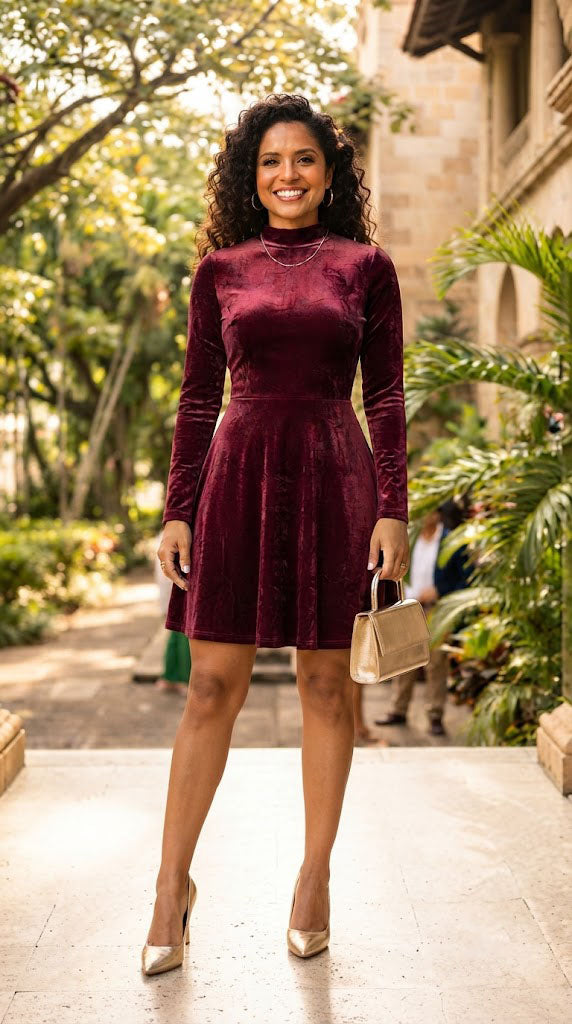 Vestido de terciopelo vino con cuello alto AOMEI / AO65