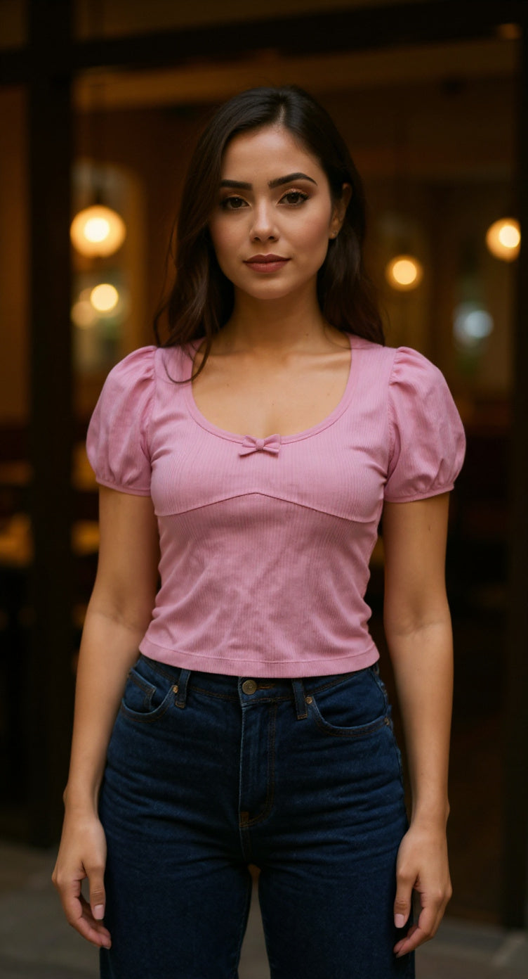 Blusa rosada con manga globo y lazo /P365 image 0