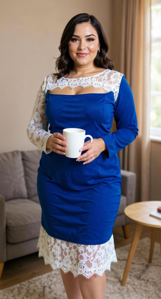 Vestido azul con encaje blanco en manga/ AO41 image 1