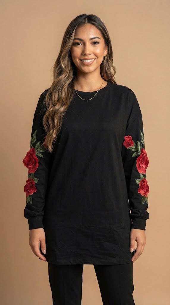 Blusa Básica con Bordado Floral en Mangas / ANB26051