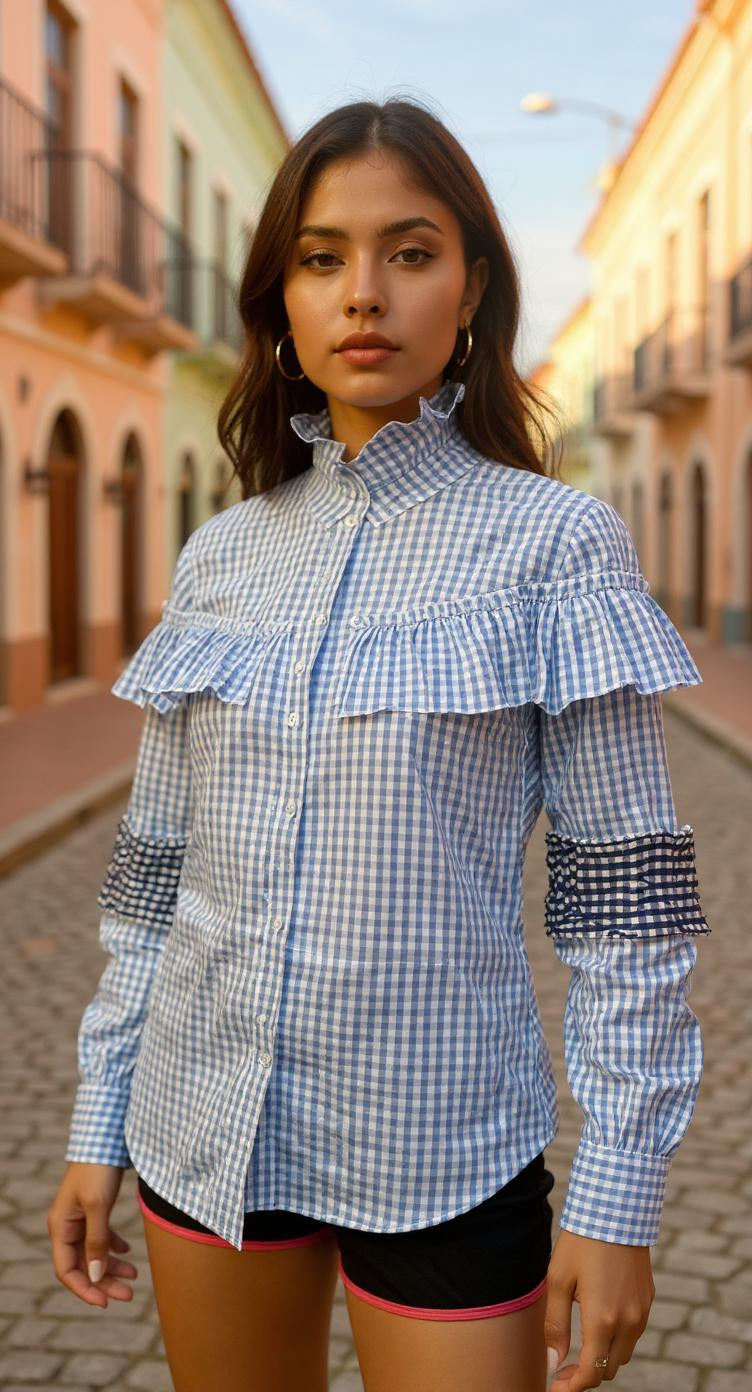 Blusa azul con cuadros y volantes/ AO69 image 2