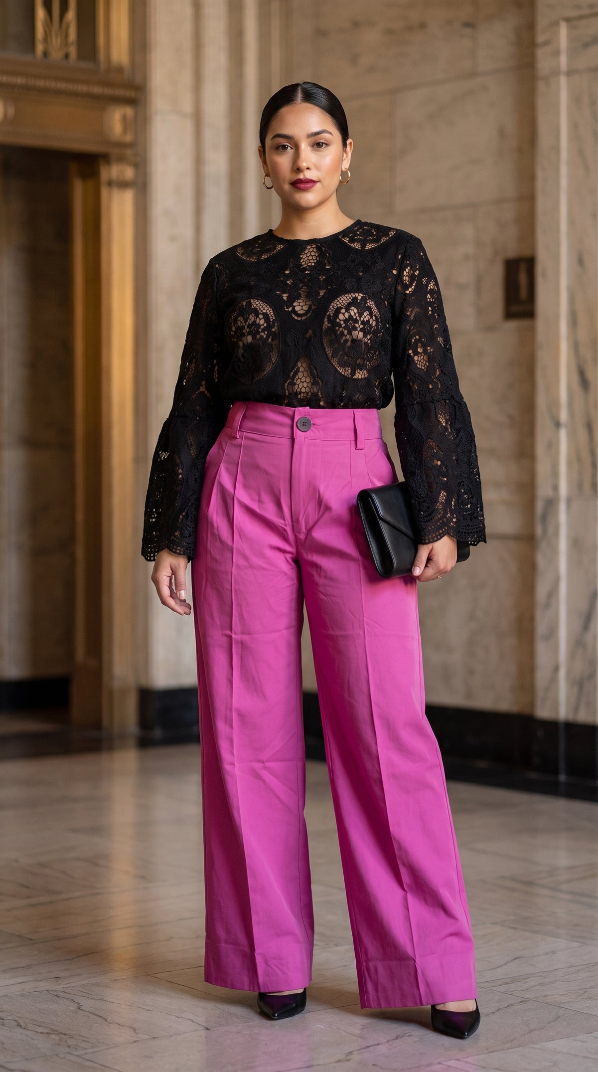 Blusa negra romántica encaje + Pantalón wide-leg fucsia /OUTEV108