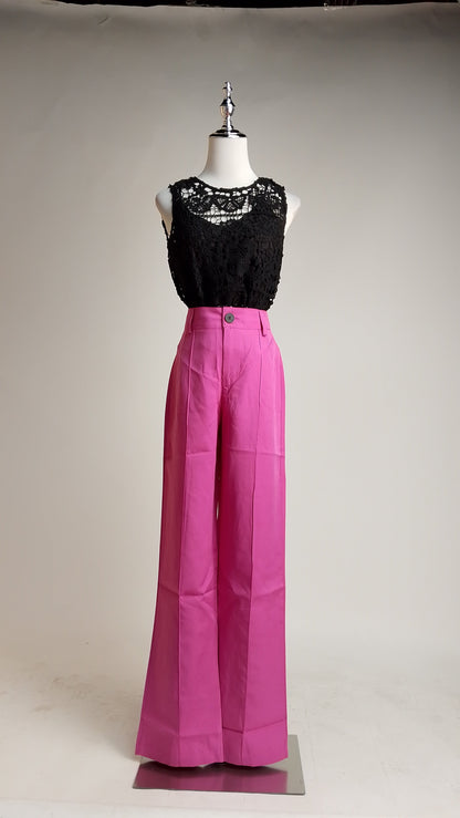 Blusa negra romántica encaje + Pantalón wide-leg fucsia /OUTEV108