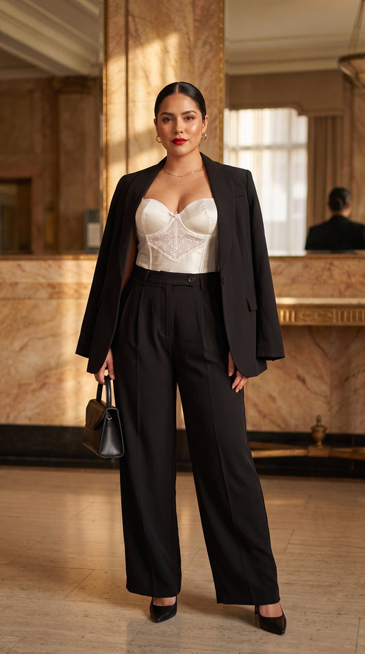 Corset Ivory Glam + Pantalón palazzo negro /OUTEV105