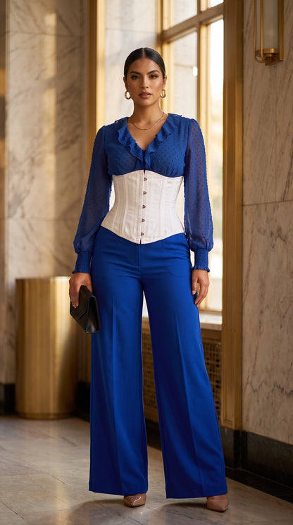 Blusa clásica elegante + Corset Corto + Pantalón Palazzo Azul Rey /OUTEV120