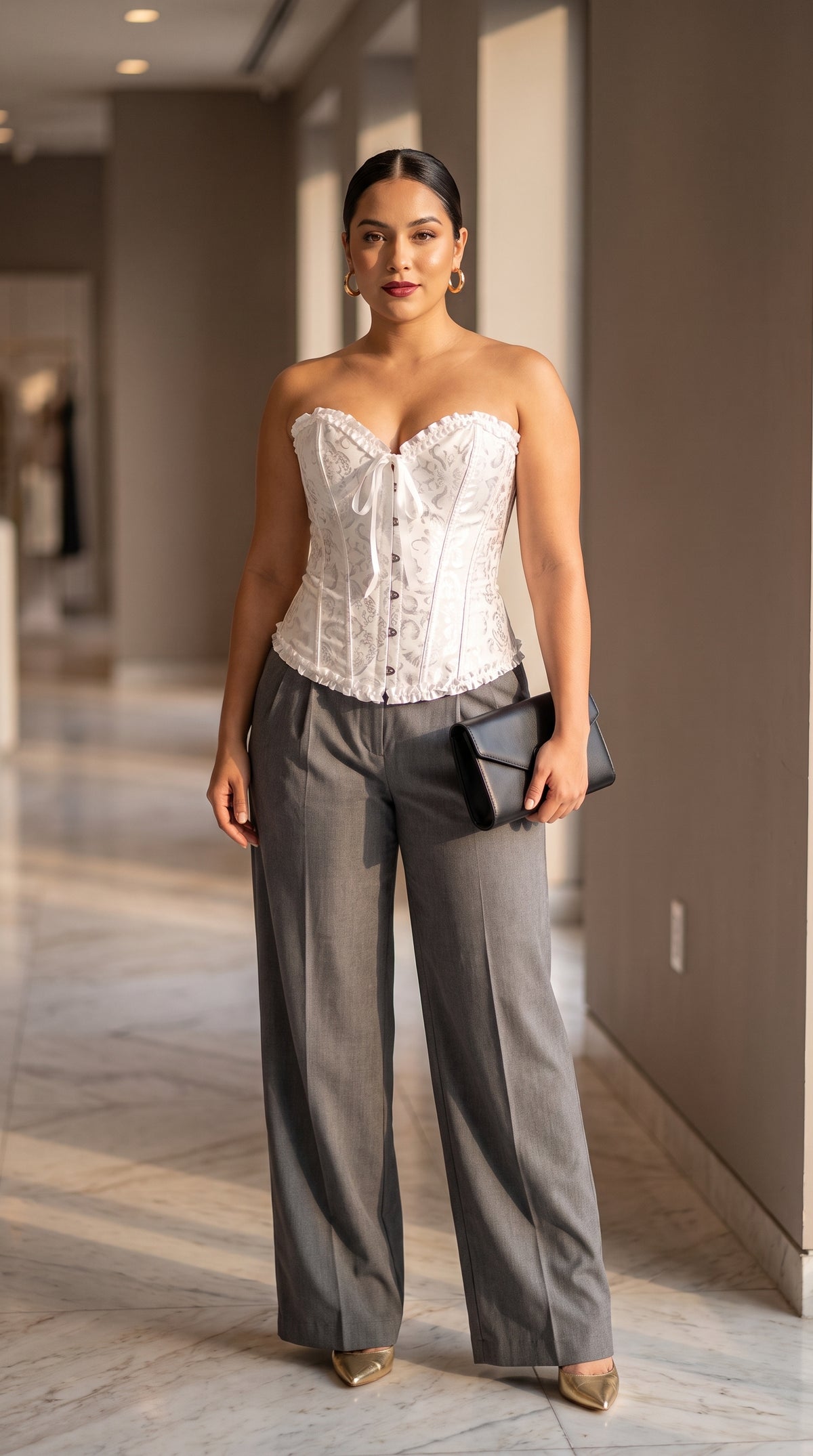 Corset con Escote + Pantalón amplio plisado gris /OUTEV106