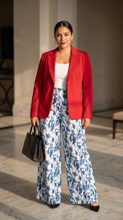Blazer Rojo Clásico + Pantalón palazzo floral azul /OUTEV112
