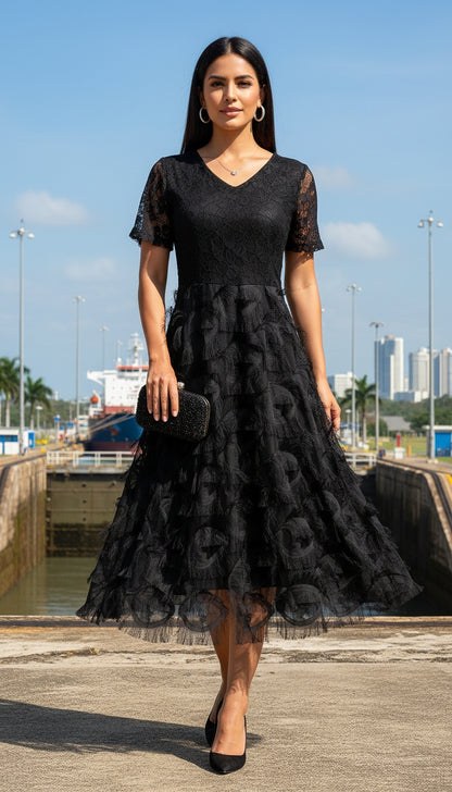 Vestido Negro Tul Elegante Fiesta / MV24