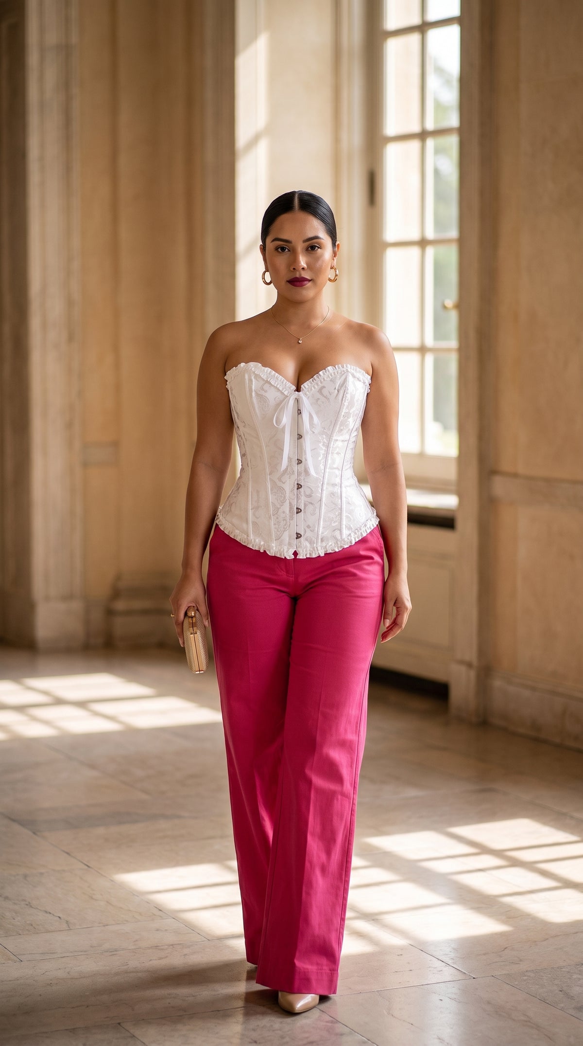 Corset con Escote + Pantalón palazzo fucsia /OUTEV54