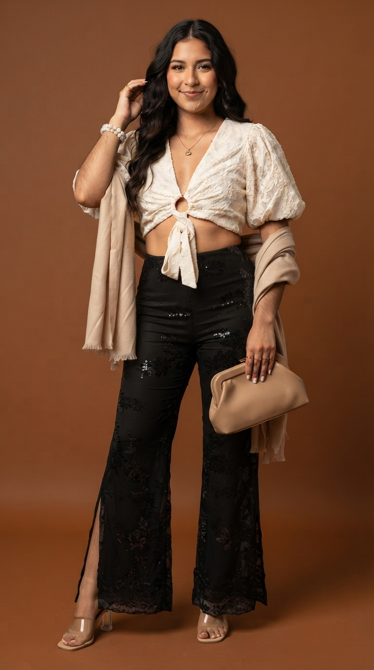 Top Marfil con Mangas Abullonadas y Anillo Frontal + Pantalón Marca D&M /OUTEV184