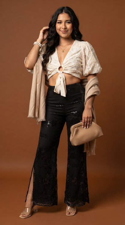 Top Marfil con Mangas Abullonadas y Anillo Frontal + Pantalón Marca D&M /OUTEV184