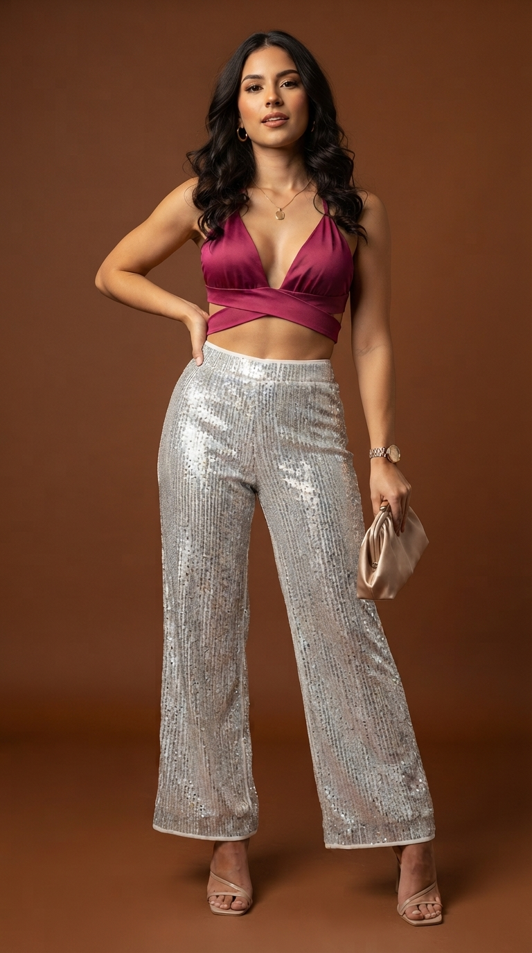 Top fucsia triangular + Pantalón plateado de brillo D&M /OUTEV191