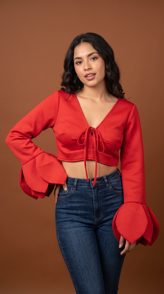 Top rojo con moño y mangas acampanadas AOMEI / AO92