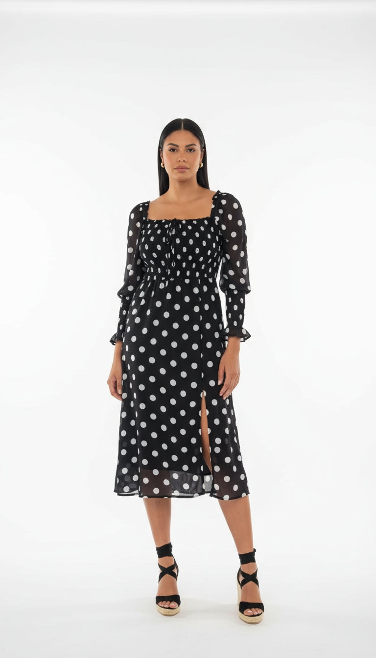 Vestido negro midi con lunares blancos /ANV06