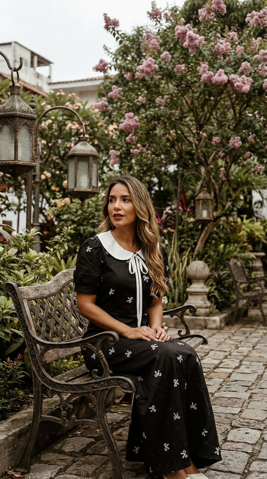 Vestido negro midi estampado / L15A