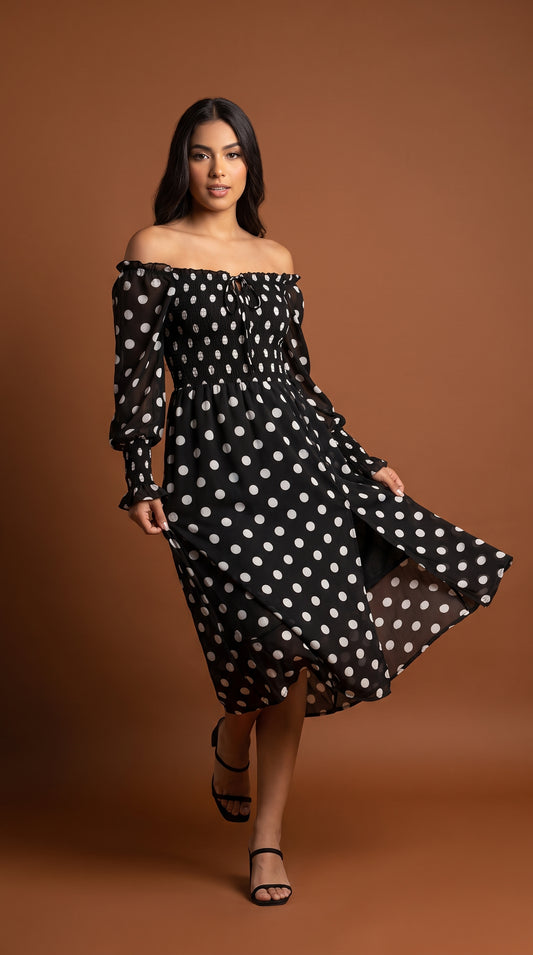 Vestido negro midi con lunares blancos /ANV06