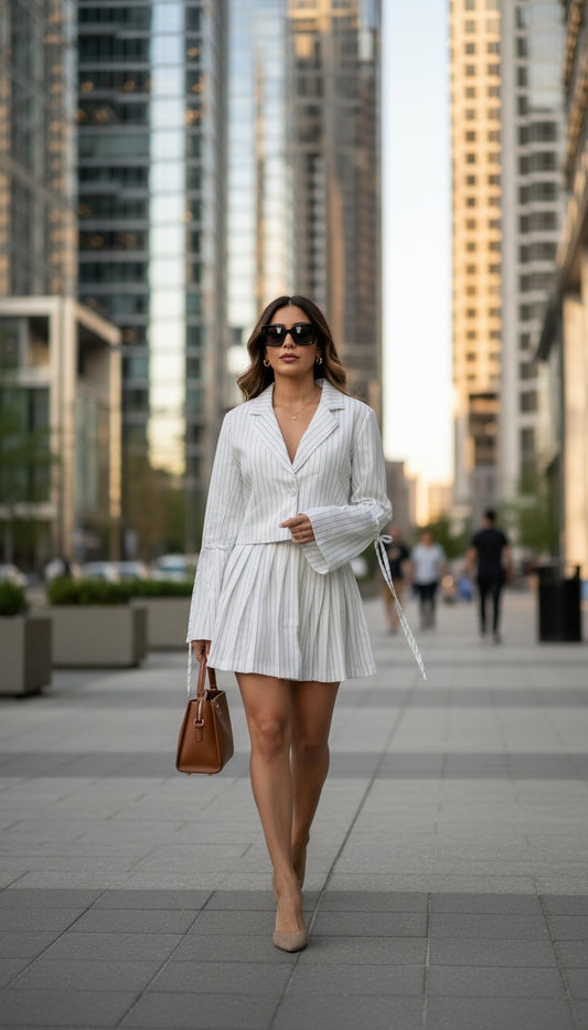 Conjunto blazer falda blanco a rayas / ANS02